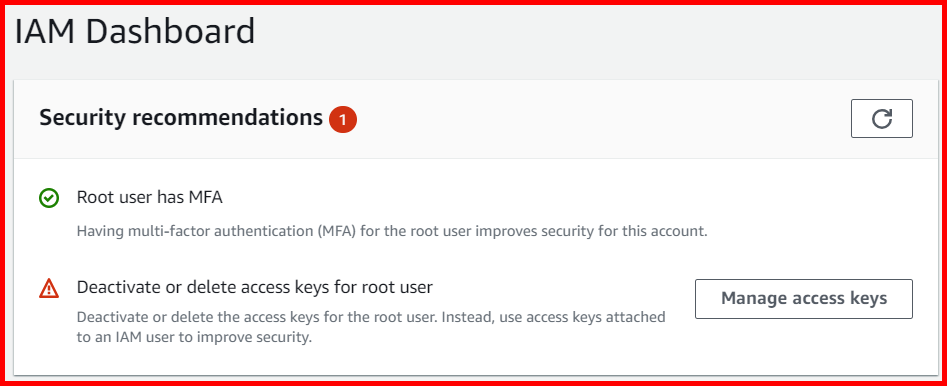 Picture showing the IAM dashboard in AWS console